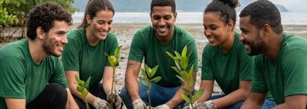 Grupo de voluntários de camiseta verde plantando mudas de mangue na areia