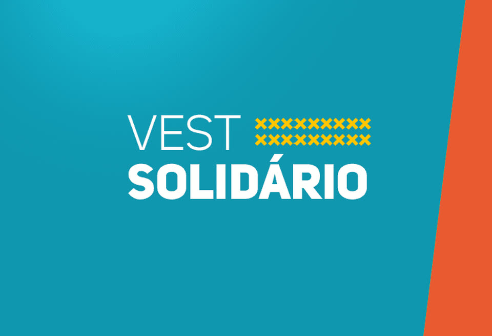 Arte azul do Vestibular Solidário, com o nome do programa em branco e xis amarelos