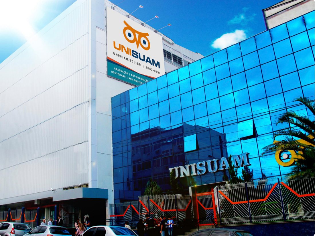 Fachada de vidro azul da unidade Bonsucesso da UNISUAM
