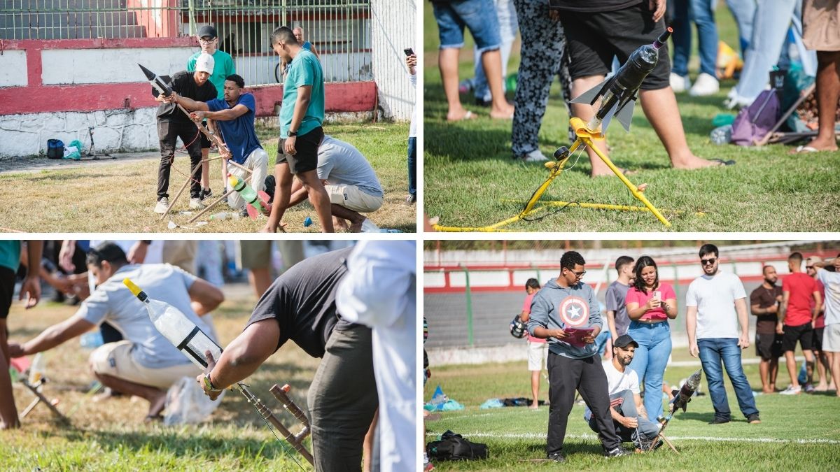 Alunos de Engenharia da UNISUAM fazendo lançamento de foguete
