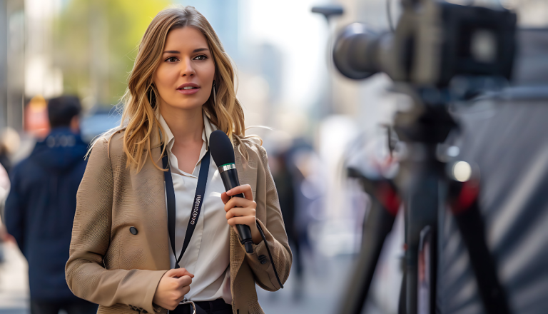 Profissional formada em curso de Jornalismo gravando reportagem externa.