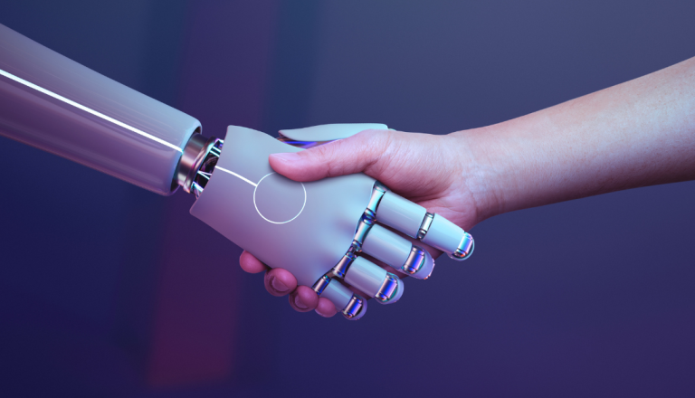 Aperto de mãos entre humano e robô simboliza investir em Inteligência Artificial nos negócios para inovação e crescimento empresarial.