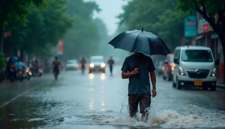 Pessoa caminha em rua alagada sob chuva forte, segurando um guarda-chuva, com carros e pedestres ao fundo.