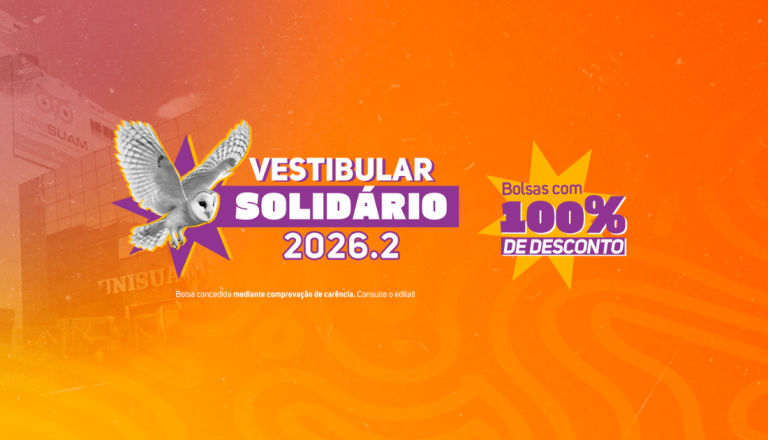 Banner do Vestibular Solidário UNISUAM 2026.2 com destaque para bolsas de 100% de desconto em fundo laranja.