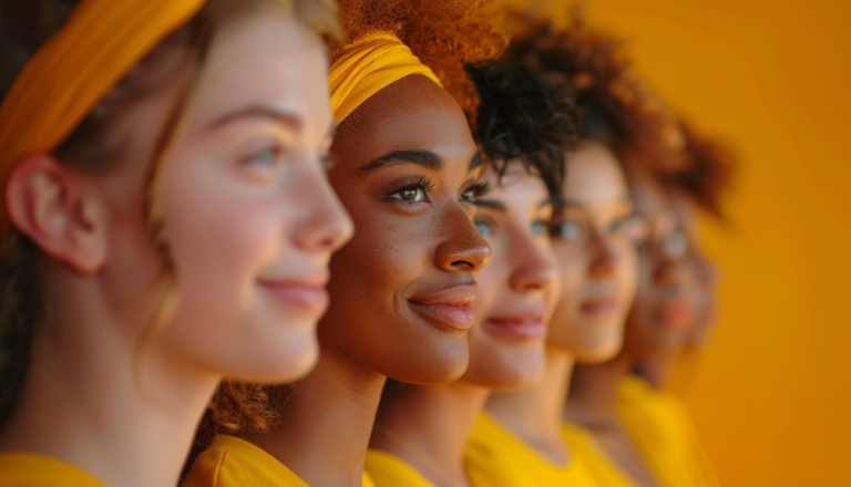 Grupo de mulheres de diferentes etnias lado a lado, usando roupas amarelas e olhando para frente, representando união, diversidade e empoderamento feminino.