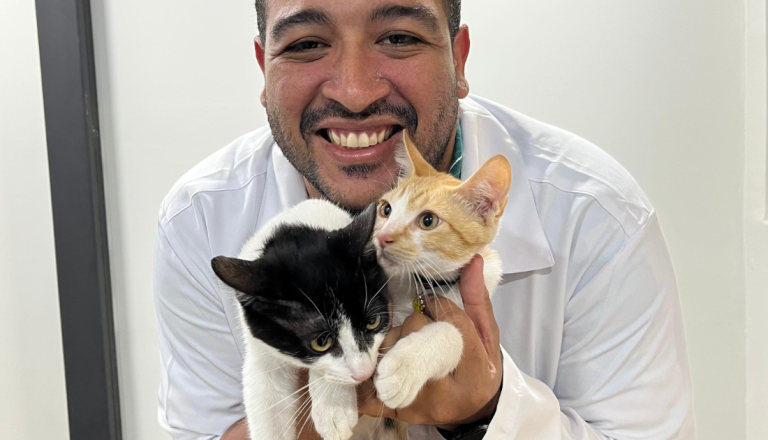 Homem sorrindo, usando jaleco branco, segura dois gatos filhotes no colo: um gato preto e branco e outro laranja e branco. A foto foi tirada em um ambiente interno de paredes claras.