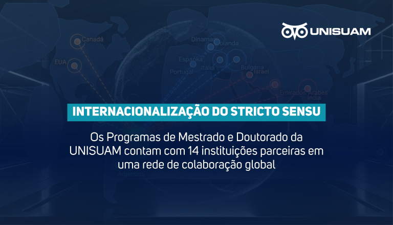 Arte institucional da UNISUAM sobre internacionalização do stricto sensu, destacando parcerias globais em programas de mestrado e doutorado.