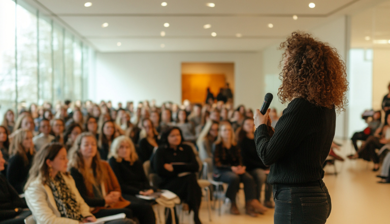 Palestrante segurando um microfone e falando para uma plateia em um auditório durante um evento profissional ou acadêmico.
