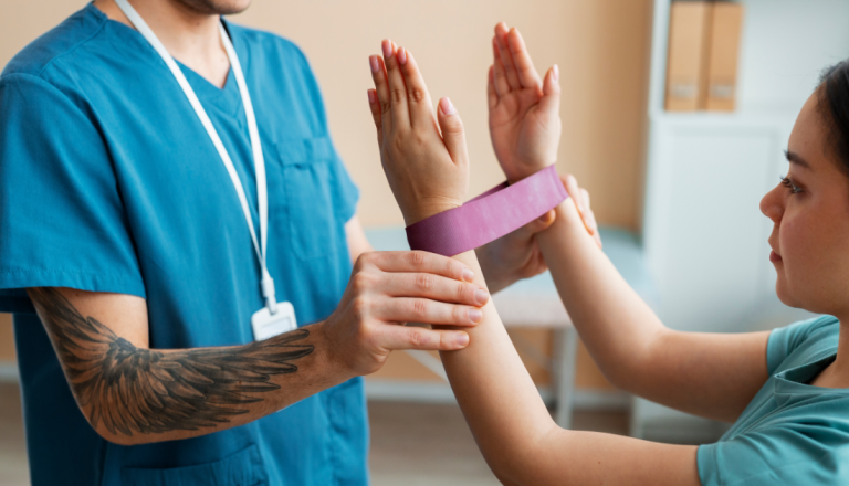 Profissional de fisioterapia auxilia uma paciente durante exercício de reabilitação dos membros superiores com o uso de faixa elástica, destacando a importância da tecnologia e do acompanhamento especializado na recuperação funcional.