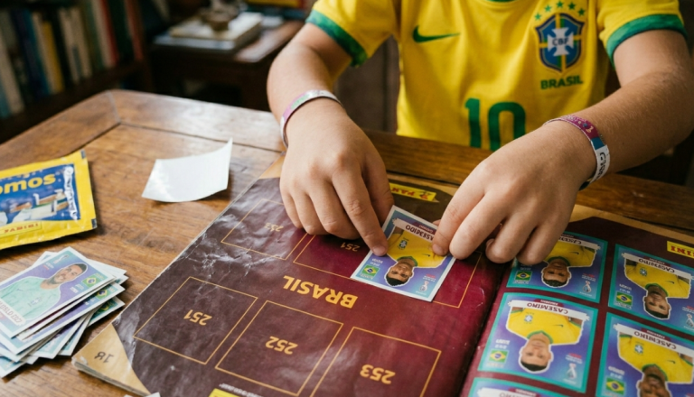 Criança usando camisa da seleção brasileira colando figurinha de jogador em um álbum da Copa sobre uma mesa de madeira.