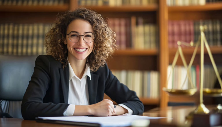 Mulher sorrindo, usando óculos e blazer preto sobre camisa branca, sentada atrás de uma mesa em um escritório jurídico. Ao fundo, estantes repletas de livros e uma balança da justiça desfocada compõem o ambiente profissional e acolhedor.