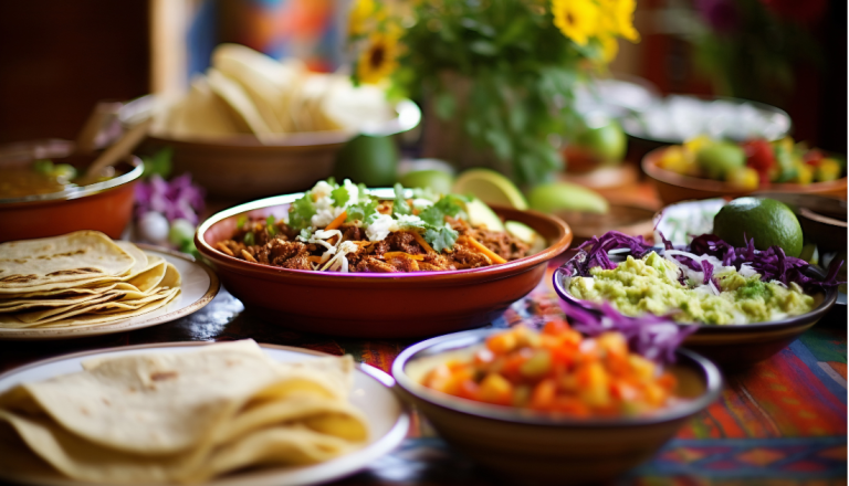Mesa com pratos típicos da culinária mexicana, incluindo tortilhas, guacamole, vegetais frescos e recheios variados, dispostos de forma colorida e convidativa para uma experiência gastronômica compartilhada.