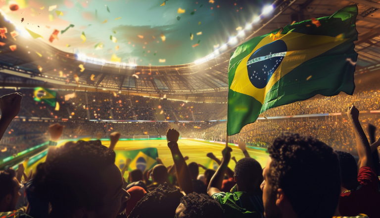 Torcedores em um estádio lotado comemoram um evento esportivo, agitando bandeiras do Brasil enquanto acompanham uma partida em um campo iluminado.