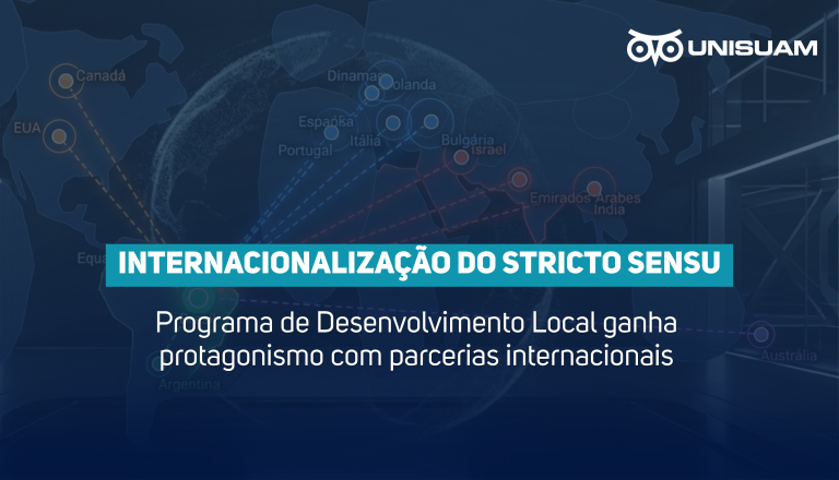 Arte institucional da UNISUAM sobre internacionalização do stricto sensu, destacando parcerias globais em programas de mestrado e doutorado.