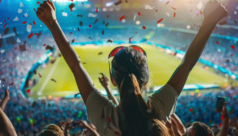Pessoa em um estádio de futebol comemora com os braços erguidos enquanto confetes caem sobre a torcida durante uma partida.