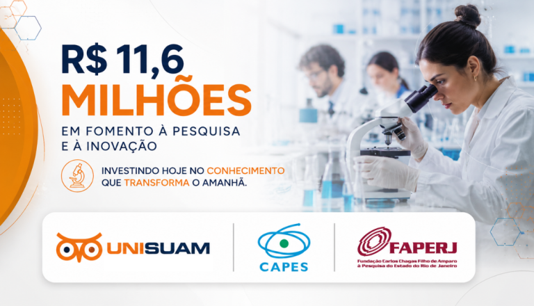 Banner institucional da UNISUAM destacando a conquista de R$ 11,6 milhões em recursos de fomento para pesquisa e inovação. A imagem mostra uma pesquisadora utilizando um microscópio em laboratório, com os logotipos da UNISUAM, CAPES e FAPERJ.