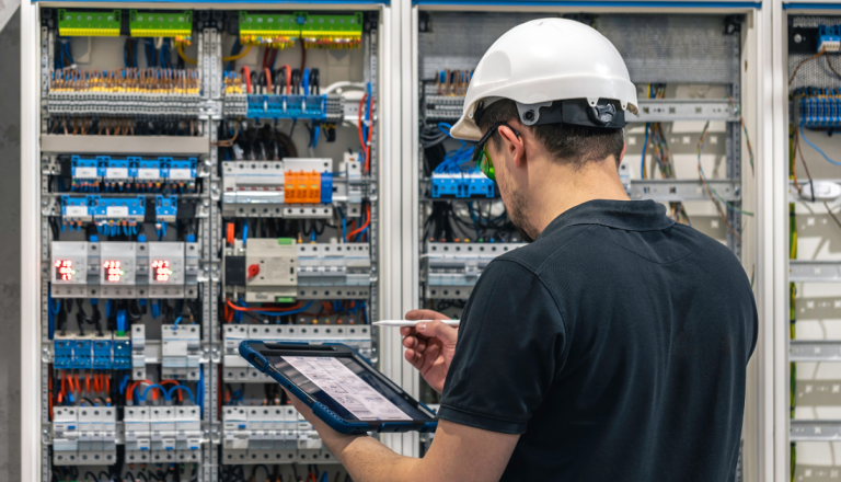 Profissional de Engenharia Elétrica utiliza um tablet para inspecionar um painel elétrico industrial com componentes de automação e distribuição de energia.