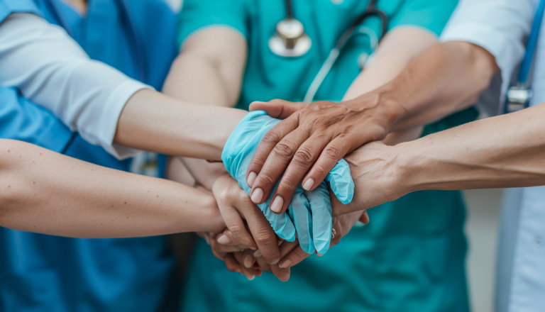 Profissionais da área da saúde unem as mãos em gesto de colaboração e trabalho em equipe durante atendimento hospitalar.