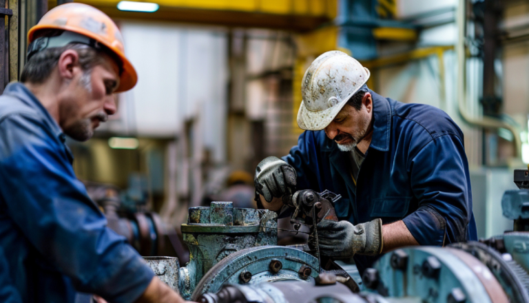 Dois profissionais da Engenharia Mecânica realizam manutenção em um equipamento industrial utilizando capacetes, luvas e ferramentas em ambiente fabril.