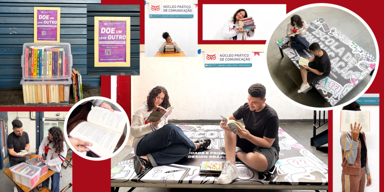 Colagem de fotos mostra uma campanha de doação e troca de livros, com pessoas escolhendo, lendo e compartilhando livros em um espaço de convivência.